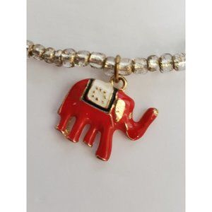 Women Beaded Stretch Bracelet 9" w/Red and Gold Elephant Charm